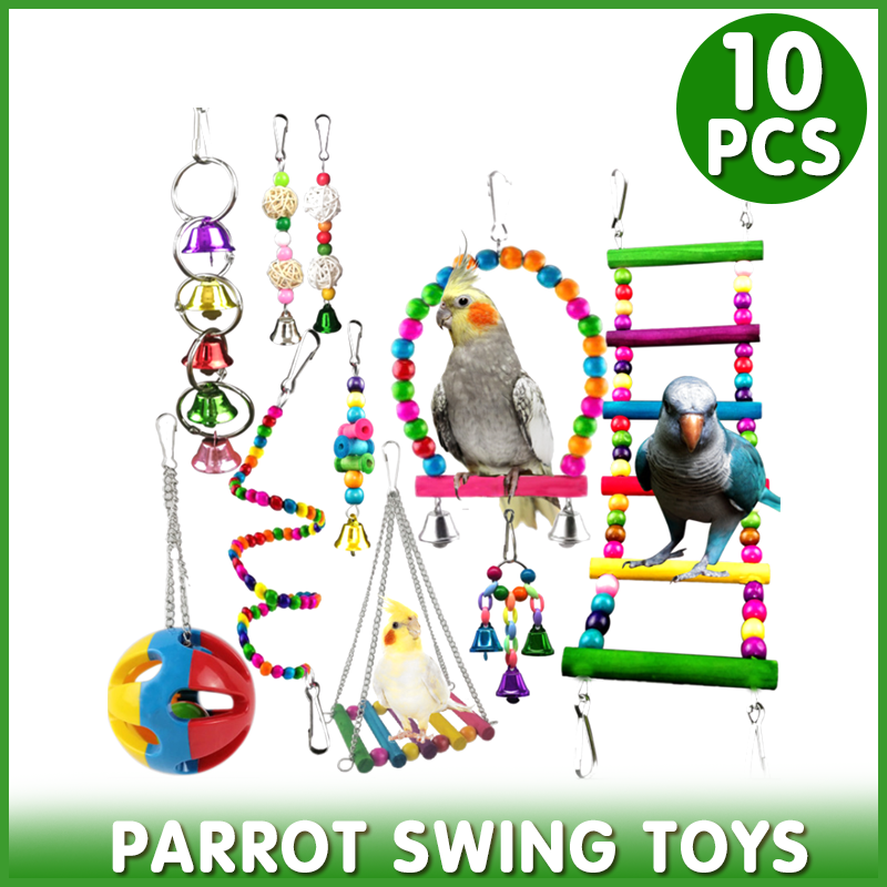 10pcs Parrot Toy Set - Swing, Ladder, Chew & Bell Toys for Cockatiels, Budgies