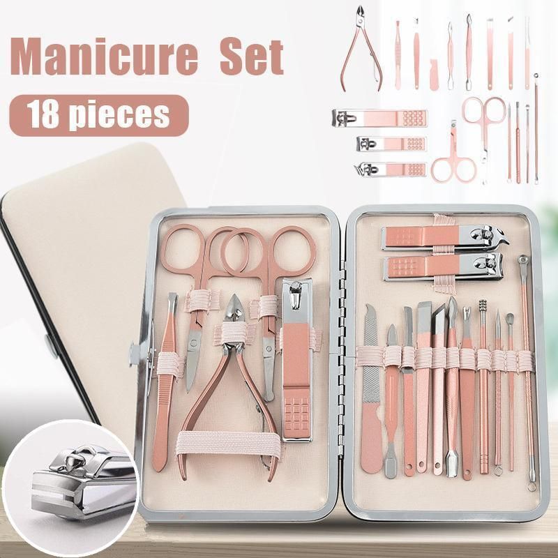 Premium 18-Piece Rose Gold Manicure Pedicure Set Stainless Steel Travel Grooming Kit