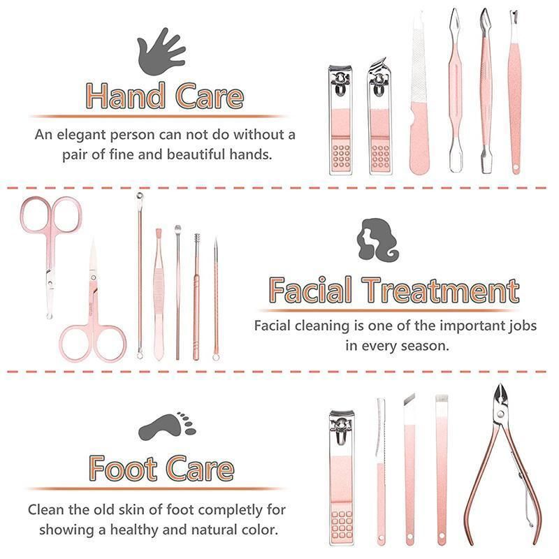 Premium 18-Piece Rose Gold Manicure Pedicure Set Stainless Steel Travel Grooming Kit