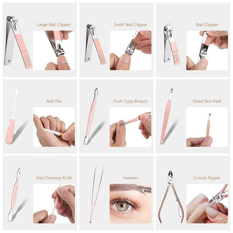 Premium 18-Piece Rose Gold Manicure Pedicure Set Stainless Steel Travel Grooming Kit