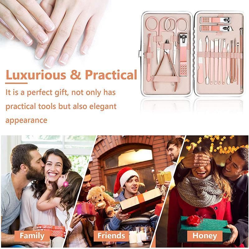 Premium 18-Piece Rose Gold Manicure Pedicure Set Stainless Steel Travel Grooming Kit
