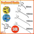 Premium 50 Pack 15cm Steel Pegboard Hooks Chrome Metal Panel Organiser Hooks