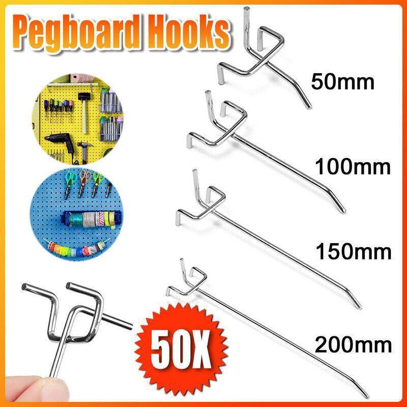 Premium 50 Pack 15cm Steel Pegboard Hooks Chrome Metal Panel Organiser Hooks