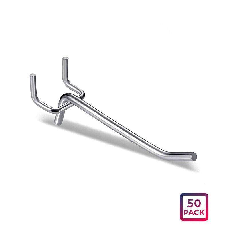 Premium 50 Pack 15cm Steel Pegboard Hooks Chrome Metal Panel Organiser Hooks