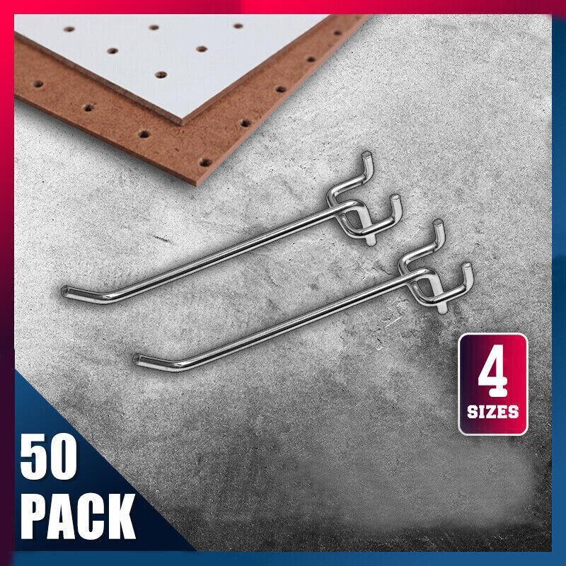 Premium 50 Pack 15cm Steel Pegboard Hooks Chrome Metal Panel Organiser Hooks