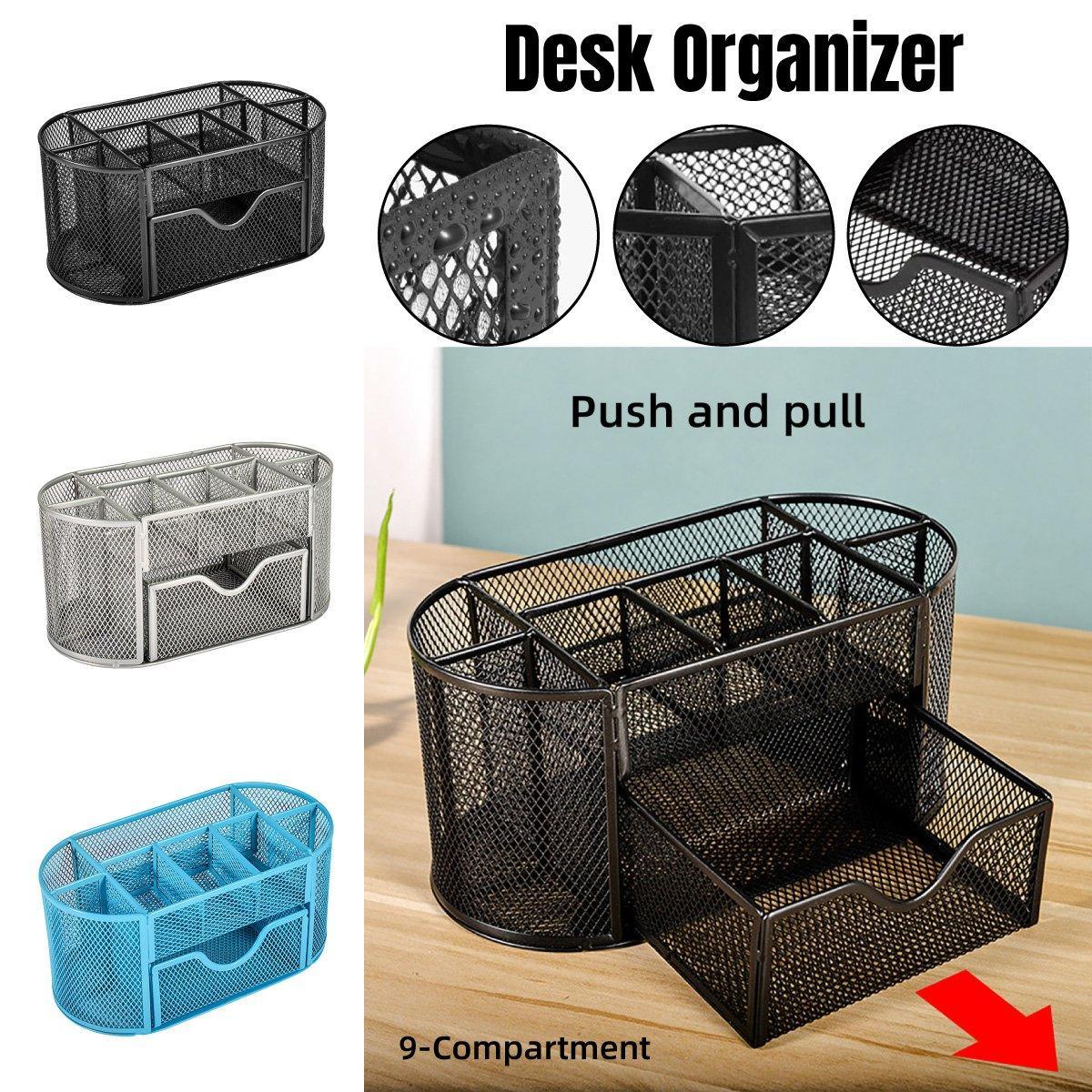 Premium Metal Desktop Pen Holder – Black with Pull-Out Drawer