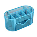 Premium Metal Desktop Pen Holder – Blue with Pull-Out Drawer