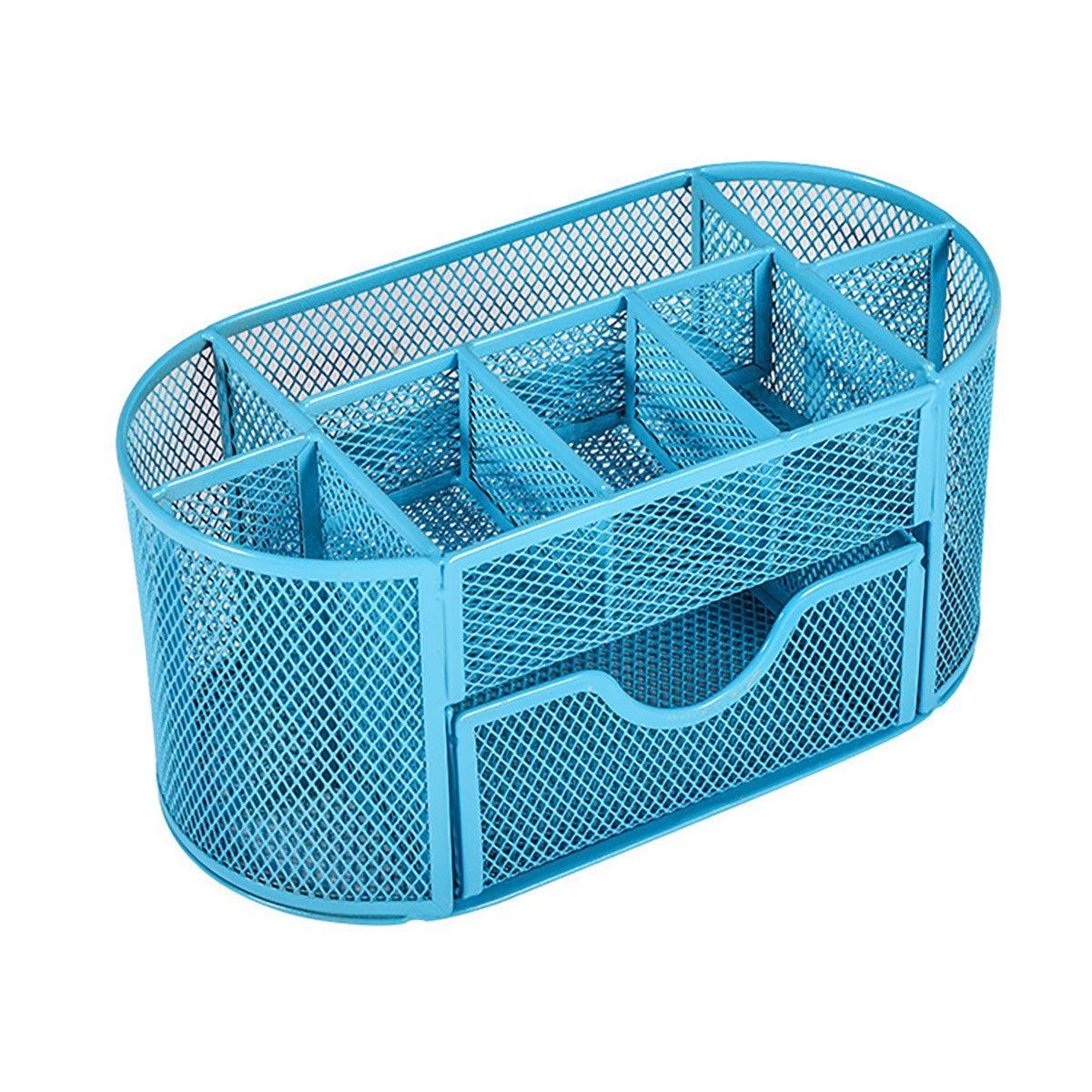 Premium Metal Desktop Pen Holder – Blue with Pull-Out Drawer