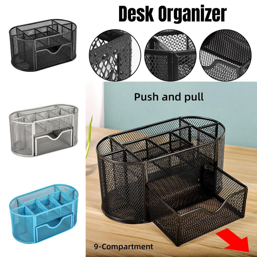 Premium Metal Desktop Pen Holder – Grey with Pull-Out Drawer