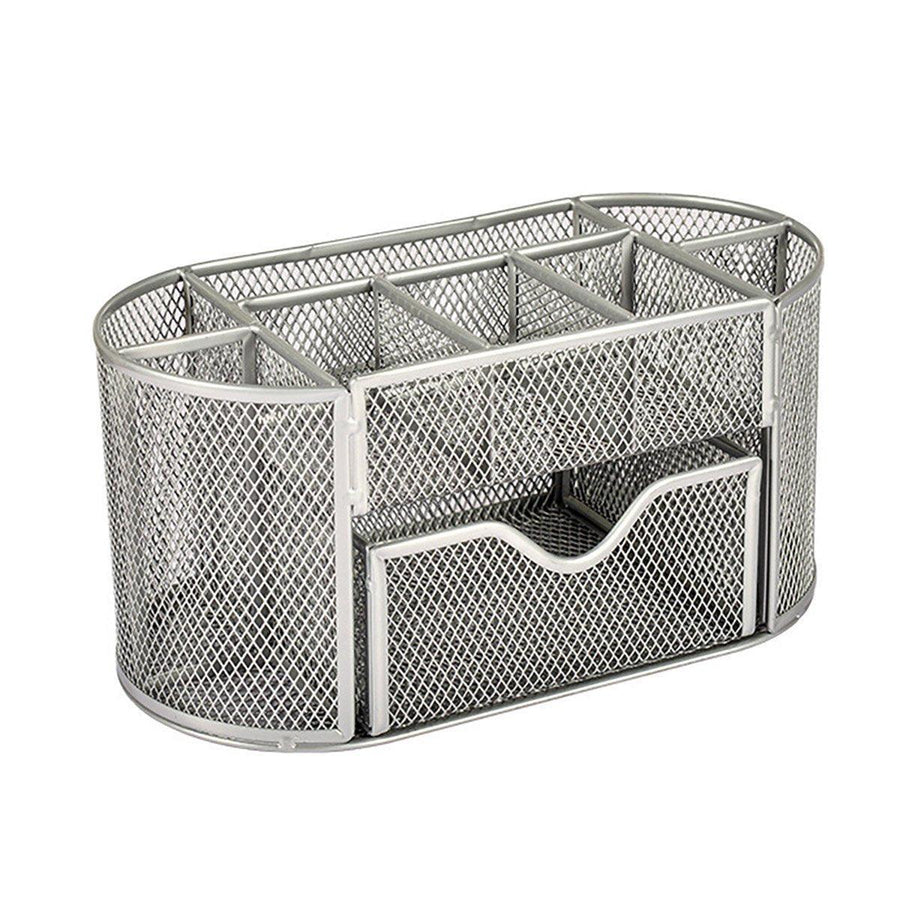 Premium Metal Desktop Pen Holder – Grey with Pull-Out Drawer