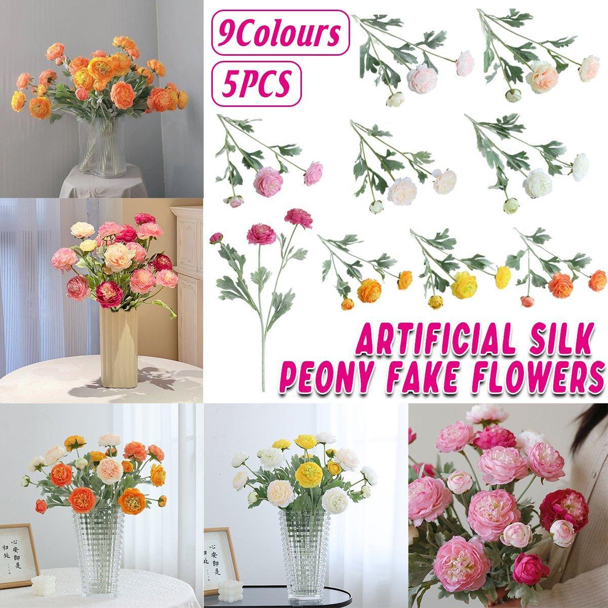 5pcs Artificial Peony Silk Flowers Bouquet Decor Faux Floral Arrangements - Champagne - SuperSaverAU - view 1