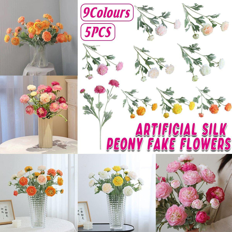 5pcs Artificial Peony Silk Flowers Bouquet Decor Faux Floral Arrangements - Champagne - SuperSaverAU - view 1