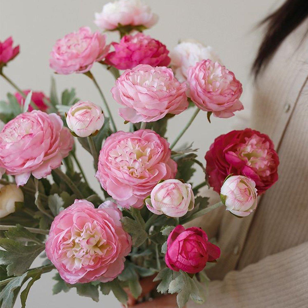 5pcs Artificial Peony Silk Flowers Bouquet Decor Faux Floral Arrangements - Purple Red