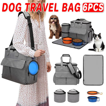 6PCS Pet Travel Bag - Large Capacity, Folding Bowl, Multifunctional, Grey, 14.6x5.9x13.4 inches