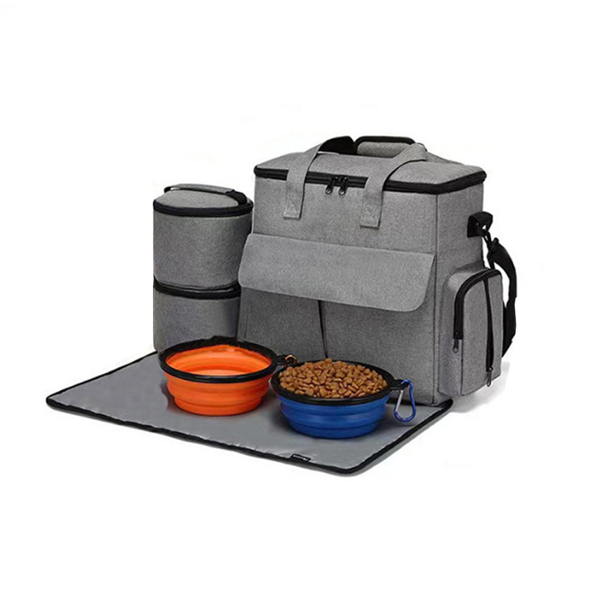 6PCS Pet Travel Bag - Large Capacity, Folding Bowl, Multifunctional, Grey, 14.6x5.9x13.4 inches