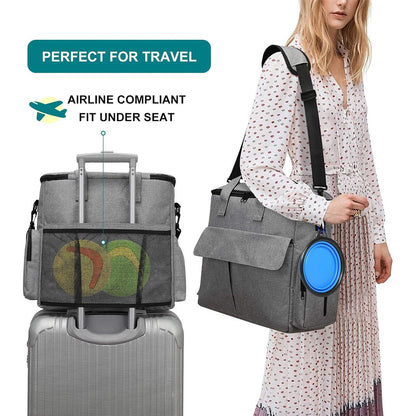 6PCS Pet Travel Bag - Large Capacity, Folding Bowl, Multifunctional, Grey, 14.6x5.9x13.4 inches