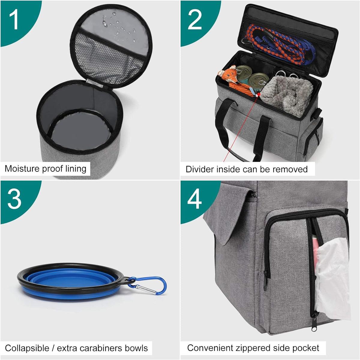6PCS Pet Travel Bag - Large Capacity, Folding Bowl, Multifunctional, Grey, 14.6x5.9x13.4 inches - SuperSaverAU - view 5