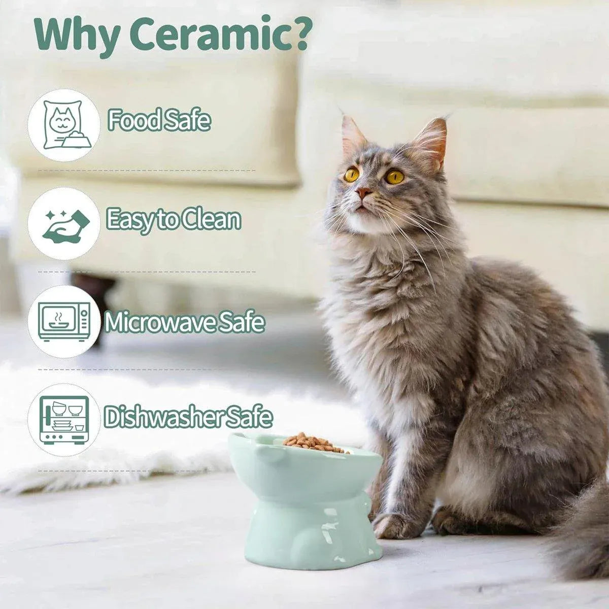 Premium Raised Ceramic Cat Bowl – Green 160ml with 15° Tilt