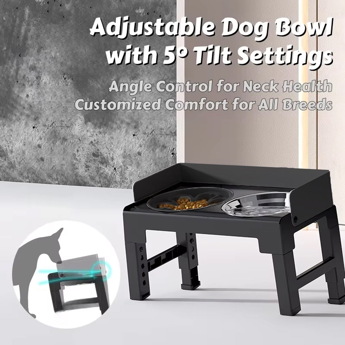 Height Adjustable Pet Feeding Bowl - 5-Level Adjustable, Dual Bowl Design, Black