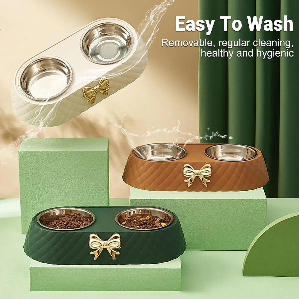 Premium Stainless Steel Double Pet Bowl Feeder – Green
