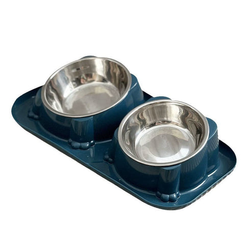Premium Double Slanted Pet Bowl with Stainless Steel Inserts - Dark Blue