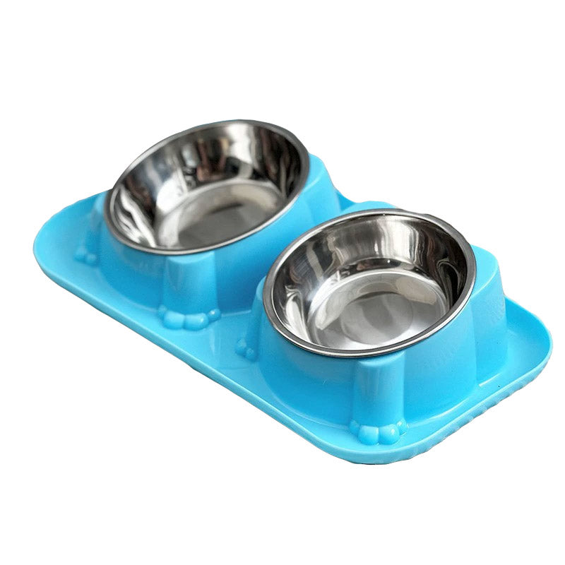 Premium Double Slanted Pet Bowl with Stainless Steel Inserts - Dark Blue