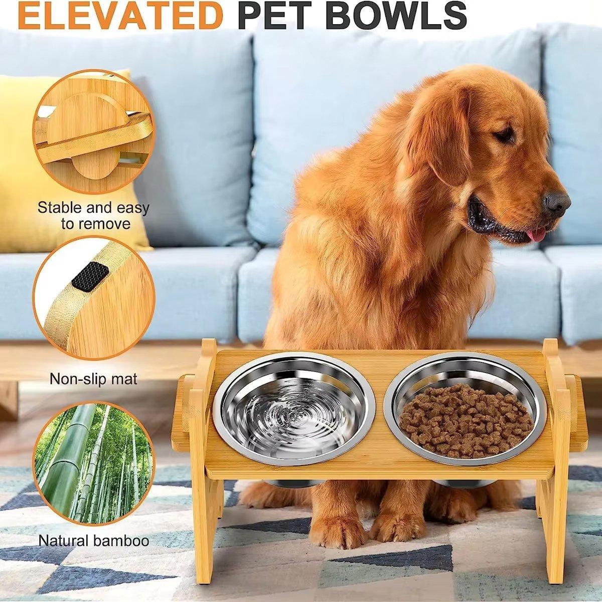 Bamboo Adjustable Elevated Pet Feeder with 2 Stainless Steel Bowls, 16.73" - SuperSaverAU - view 4