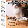 Premium Yellow & White Ceramic Slow Feeder Cat Bowl with Iron Stand