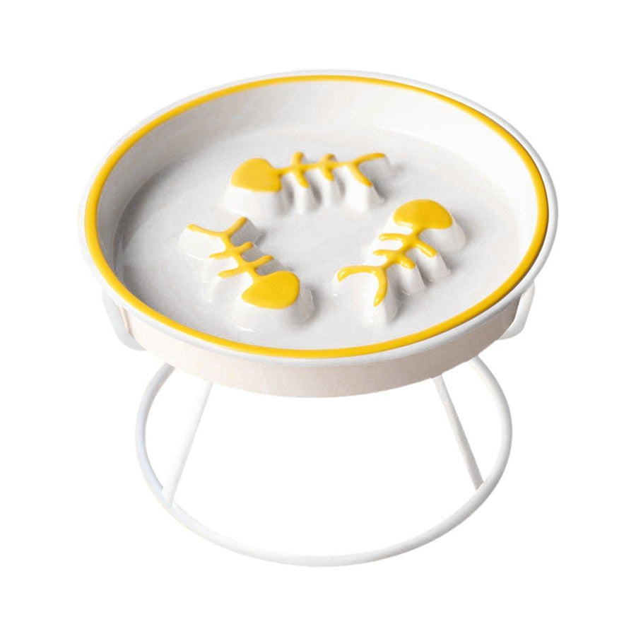 Premium Yellow & White Ceramic Slow Feeder Cat Bowl with Iron Stand