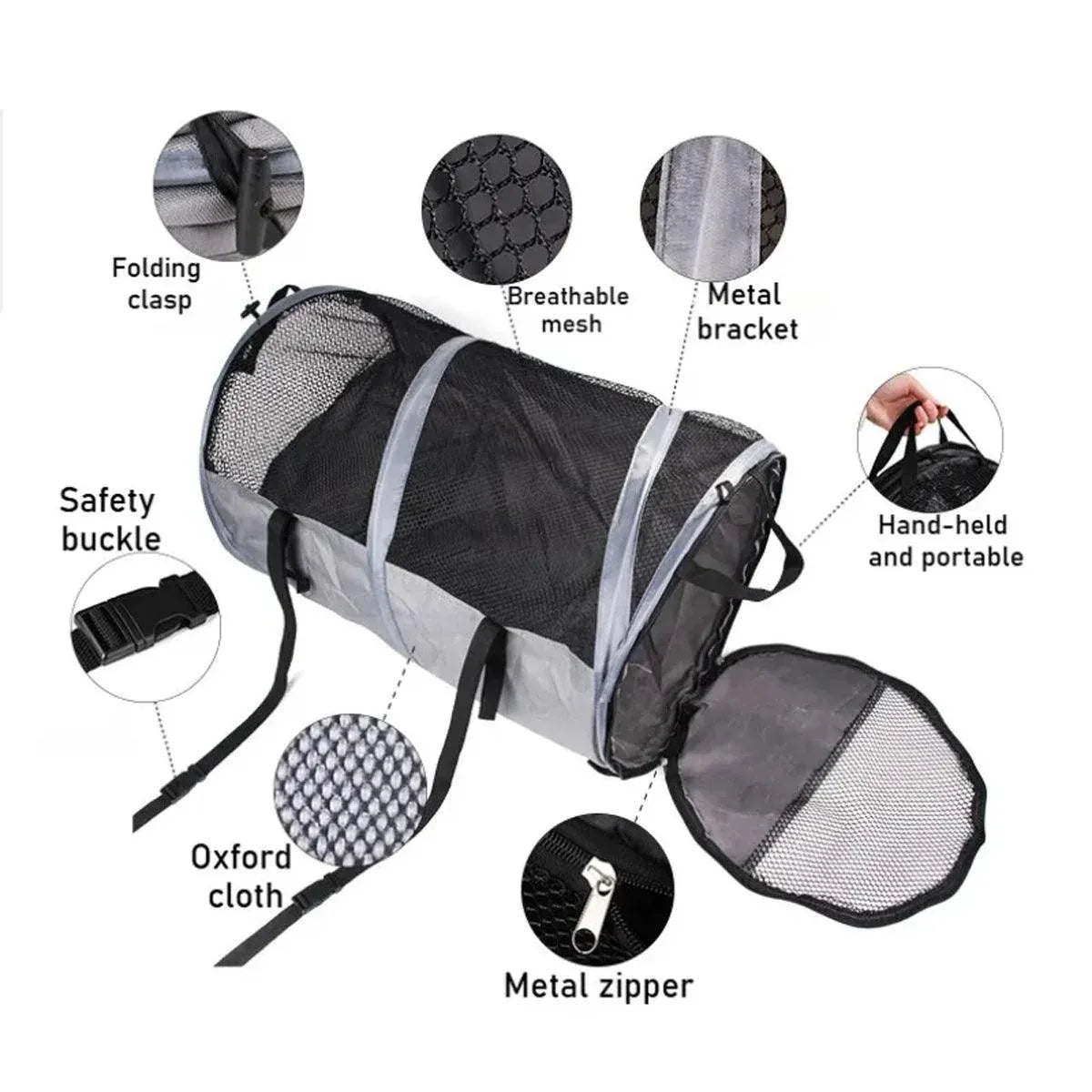 Foldable Pet Car Bag - Breathable Travel Tent, 123cm x 58cm, Grey