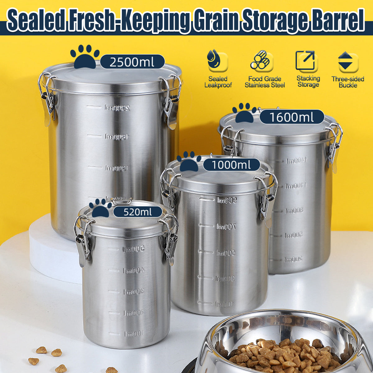 Stainless Steel Pet Food Storage Bucket, Airtight Seal, 1000ml