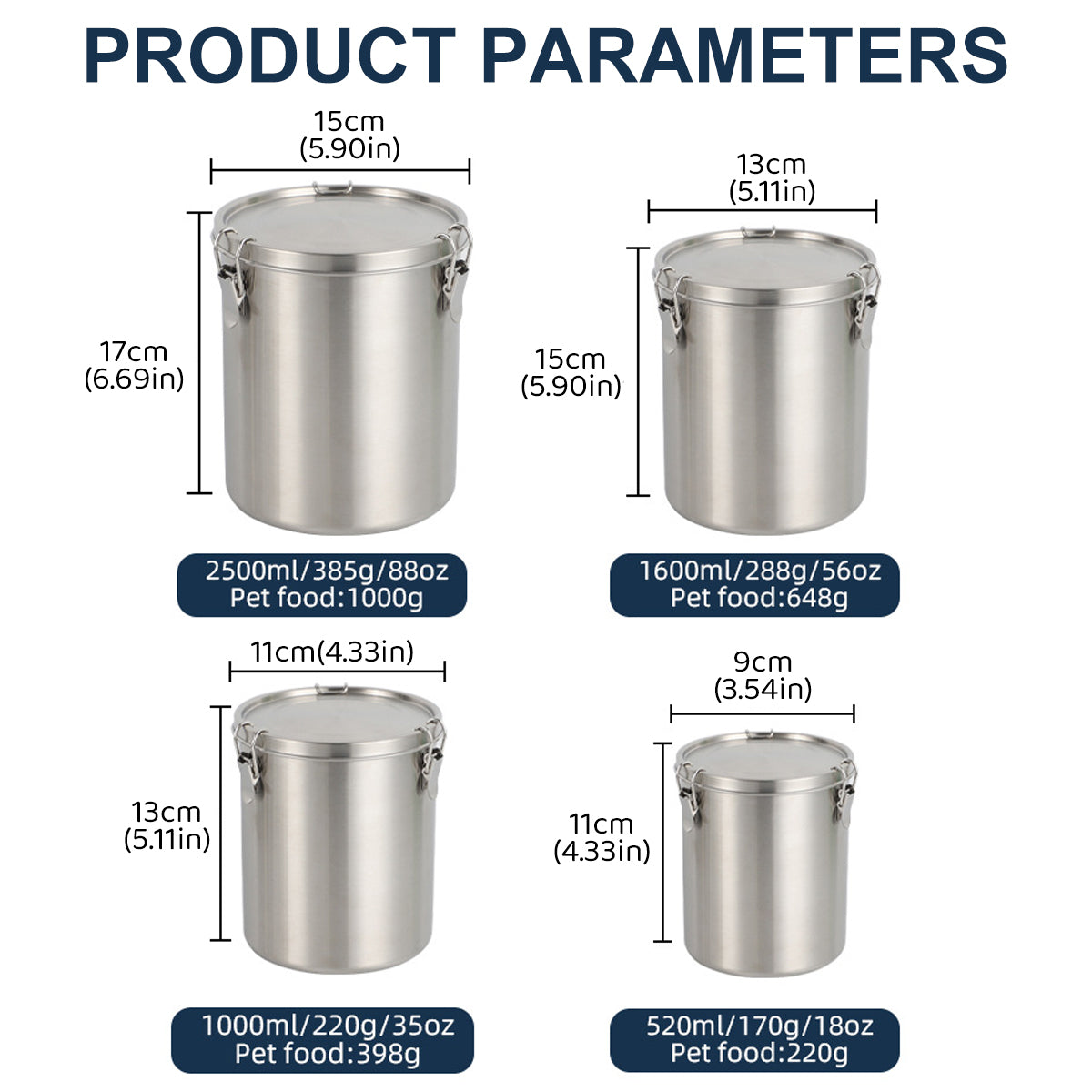 Stainless Steel Pet Food Storage Bucket, Airtight Seal, 1000ml