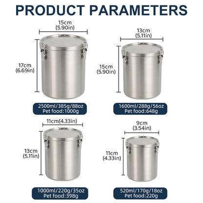 Stainless Steel Pet Food Storage Bucket, Airtight Seal, 1000ml