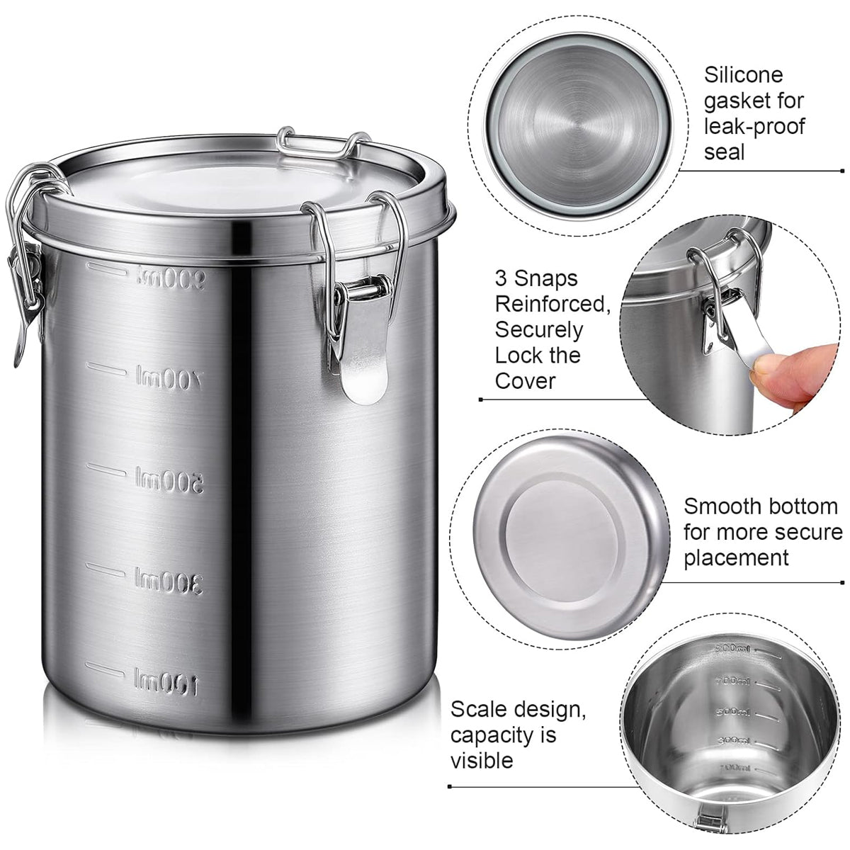 Stainless Steel Pet Food Storage Bucket, Airtight Seal, 1000ml