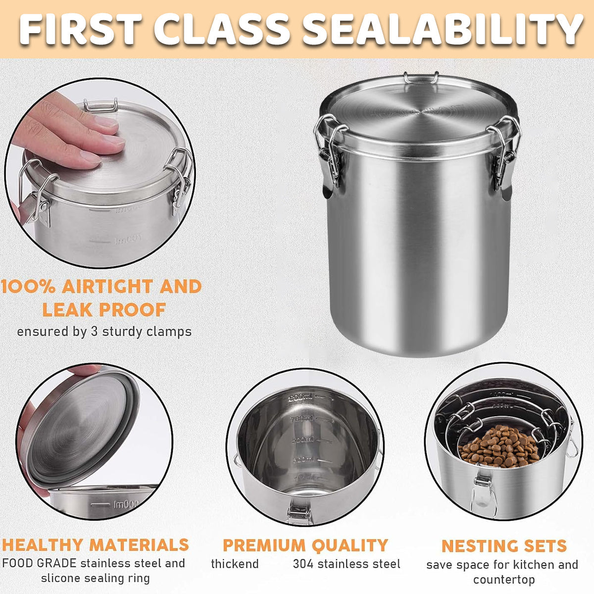 Stainless Steel Pet Food Storage Bucket, Airtight Seal, 1000ml