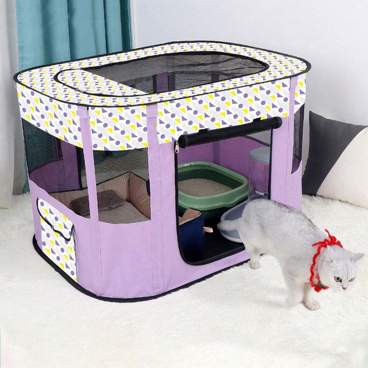 Foldable Pet Fence Tent - Portable Waterproof Kennel for Cats & Dogs - Purple-L