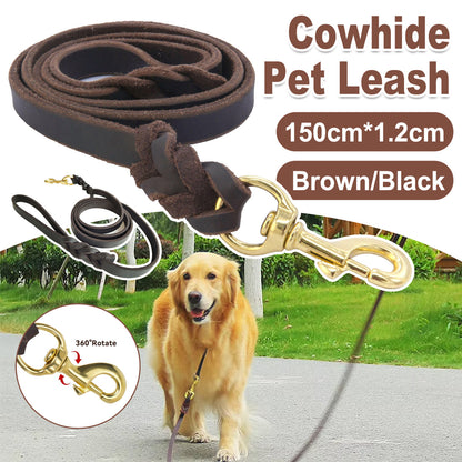 Dog Leash Cowhide Lead Heavy Duty Leather M Size Brown For Walking Training - Black