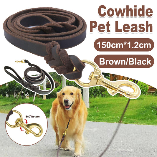 Dog Leash Cowhide Lead Heavy Duty Leather M Size Brown For Walking Training - Black