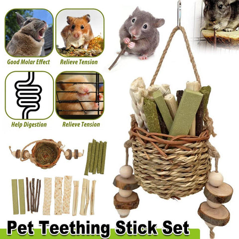 Premium Small Pet Teething Stick Set with Hanging Woven Basket