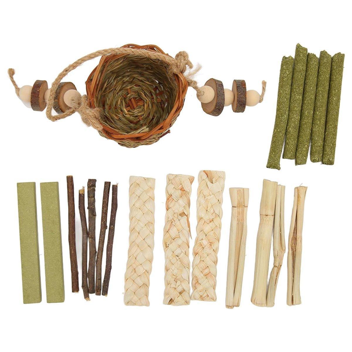 Premium Small Pet Teething Stick Set with Hanging Woven Basket