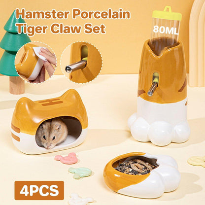 Hamster Porcelain Nest Escape House Set with Tiger Head Bowl & Claw Water Bottle, 4pcs