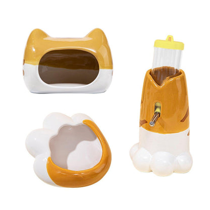 Hamster Porcelain Nest Escape House Set with Tiger Head Bowl & Claw Water Bottle, 4pcs