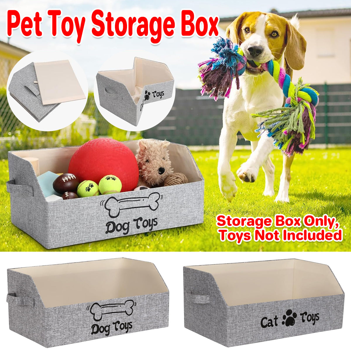 Foldable Pet Toy Storage Box - 50x29x22cm - Cat/Dog Design, Cotton Linen