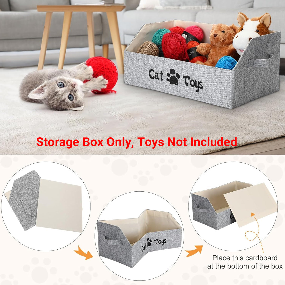 Foldable Pet Toy Storage Box - 50x29x22cm - Cat/Dog Design, Cotton Linen