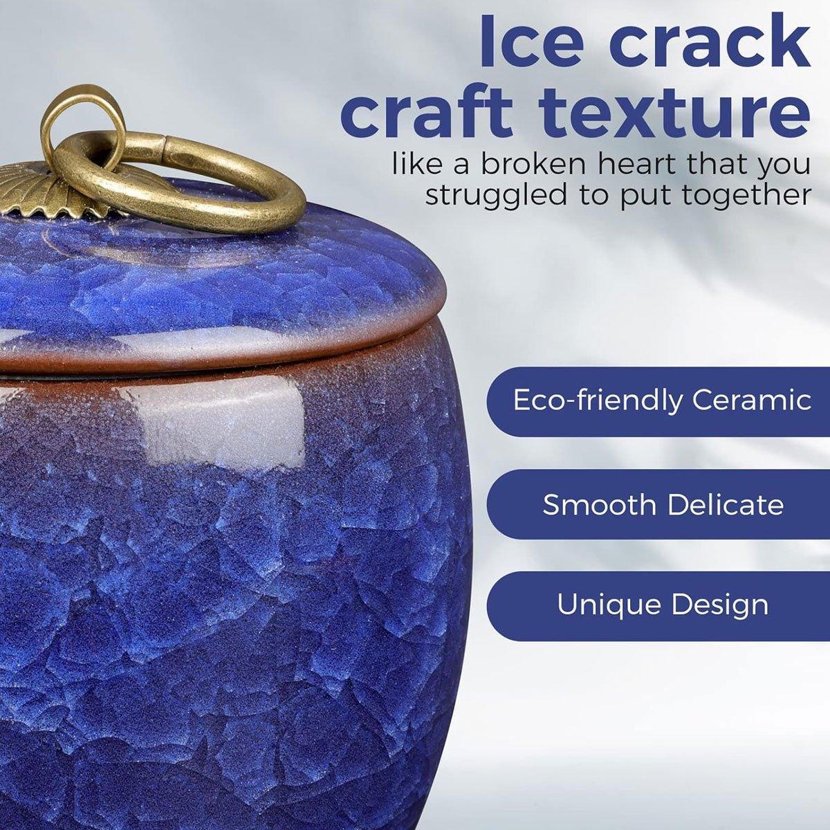 Premium Blue Ceramic Pet Keepsake Urn with Ice Crack Glaze & Storage Box