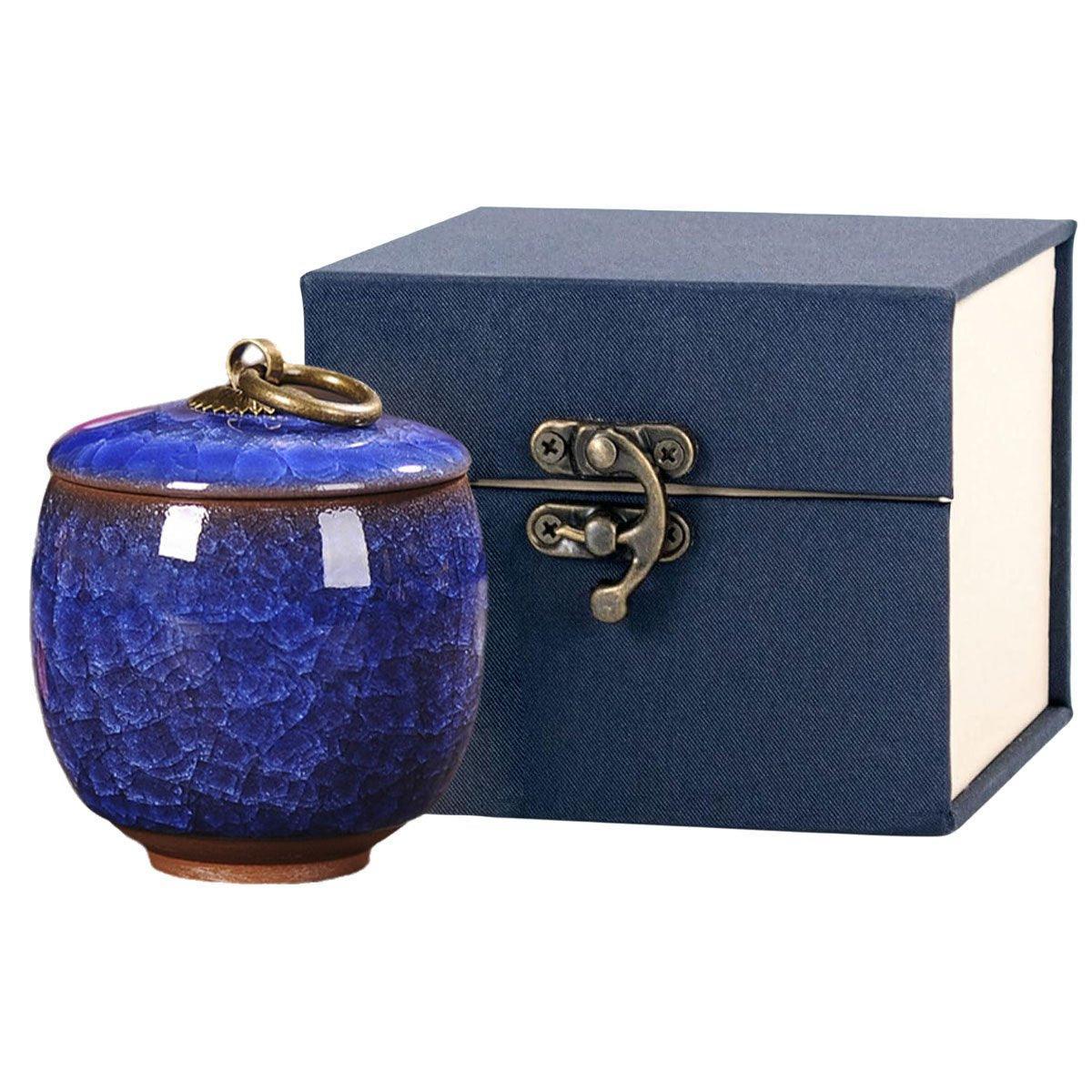 Premium Blue Ceramic Pet Keepsake Urn with Ice Crack Glaze & Storage Box