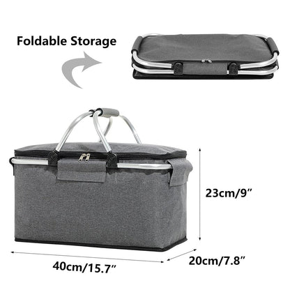 Folding Picnic Basket Insulated Cooler Bag Portable Outdoor Grocery Storage - Grey