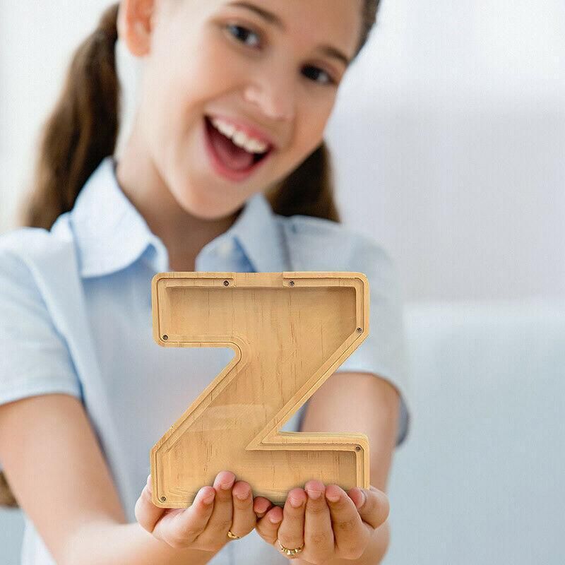 Premium Wooden Letter X Piggy Bank – Walnut with Clear Panel