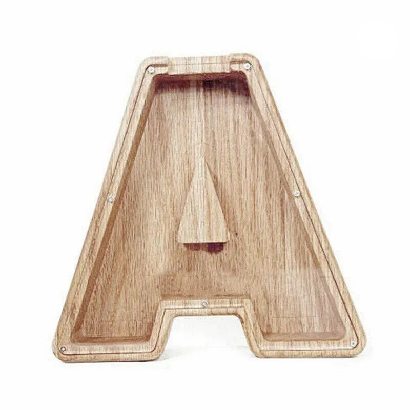Premium Wooden Letter A Piggy Bank – Walnut with Acrylic Panel
