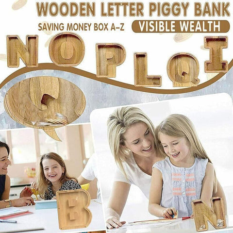 Premium Wooden Letter A Piggy Bank – Walnut with Acrylic Panel